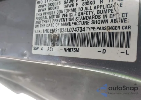 2004 Honda Civic Ex из США, поврежденный, VIN 1HGEM21034L074734